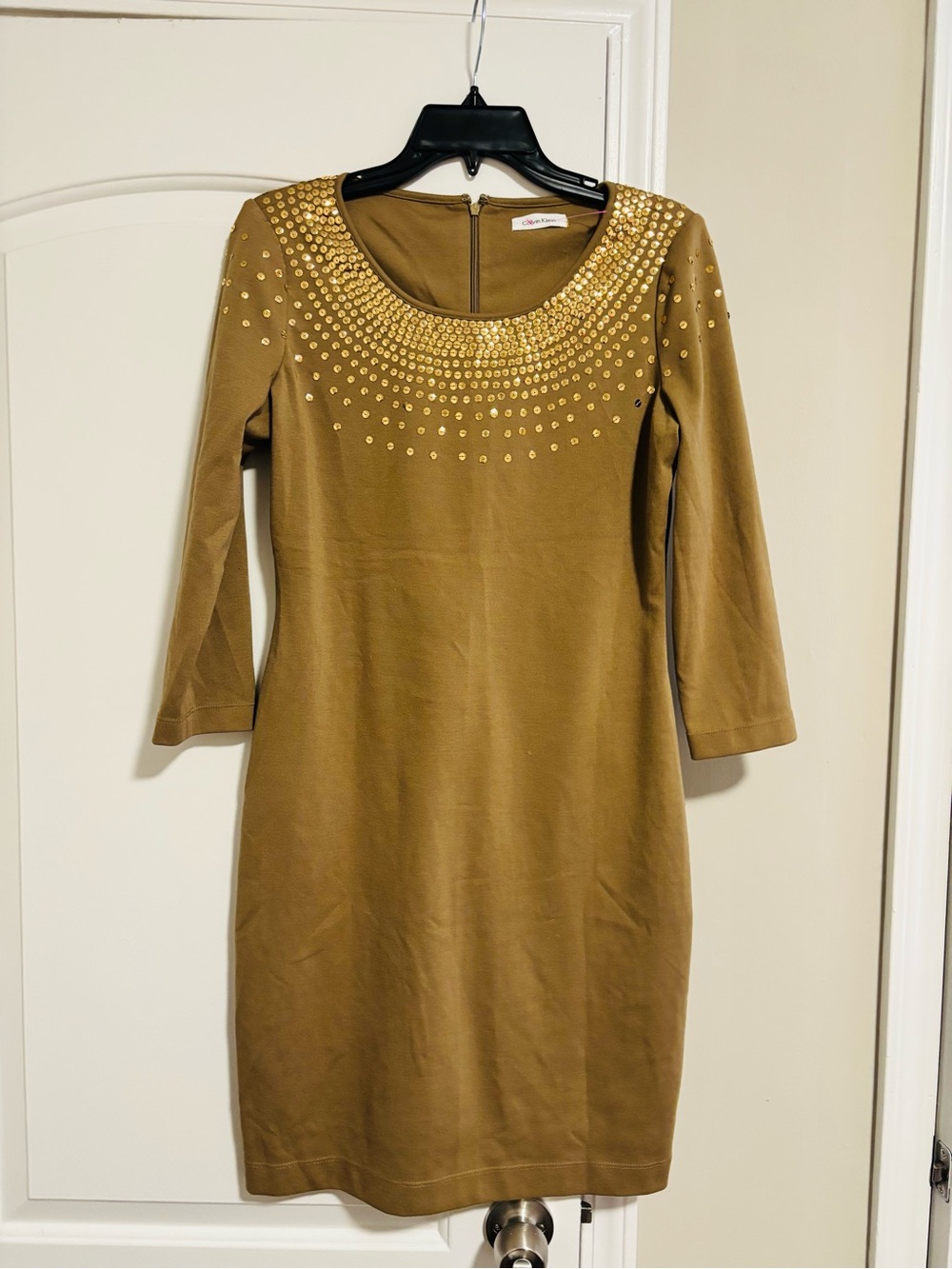 CALVIN KLEIN, Embellished Tan Midi Dress, Size Medium